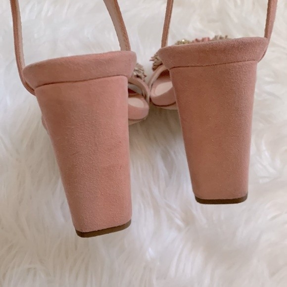 Loeffler Randal Layla Blush Pink Suede Block Heel Ankle Strap Pom Sandals Sz 6.5 - Picture 6 of 14